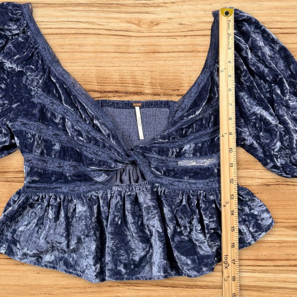 Free People Yours Truly Crushed Velvet Peplum Puff Sleeve Top Blue Size Medium - Picture 8 of 9